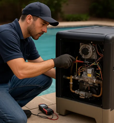 A technician repairs a Residential Pool Heating unit by the pool