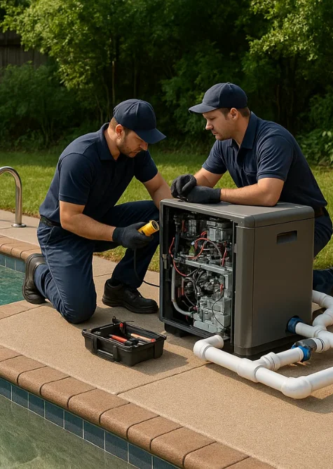 Two technicians performing Residential Pool Heating maintenance